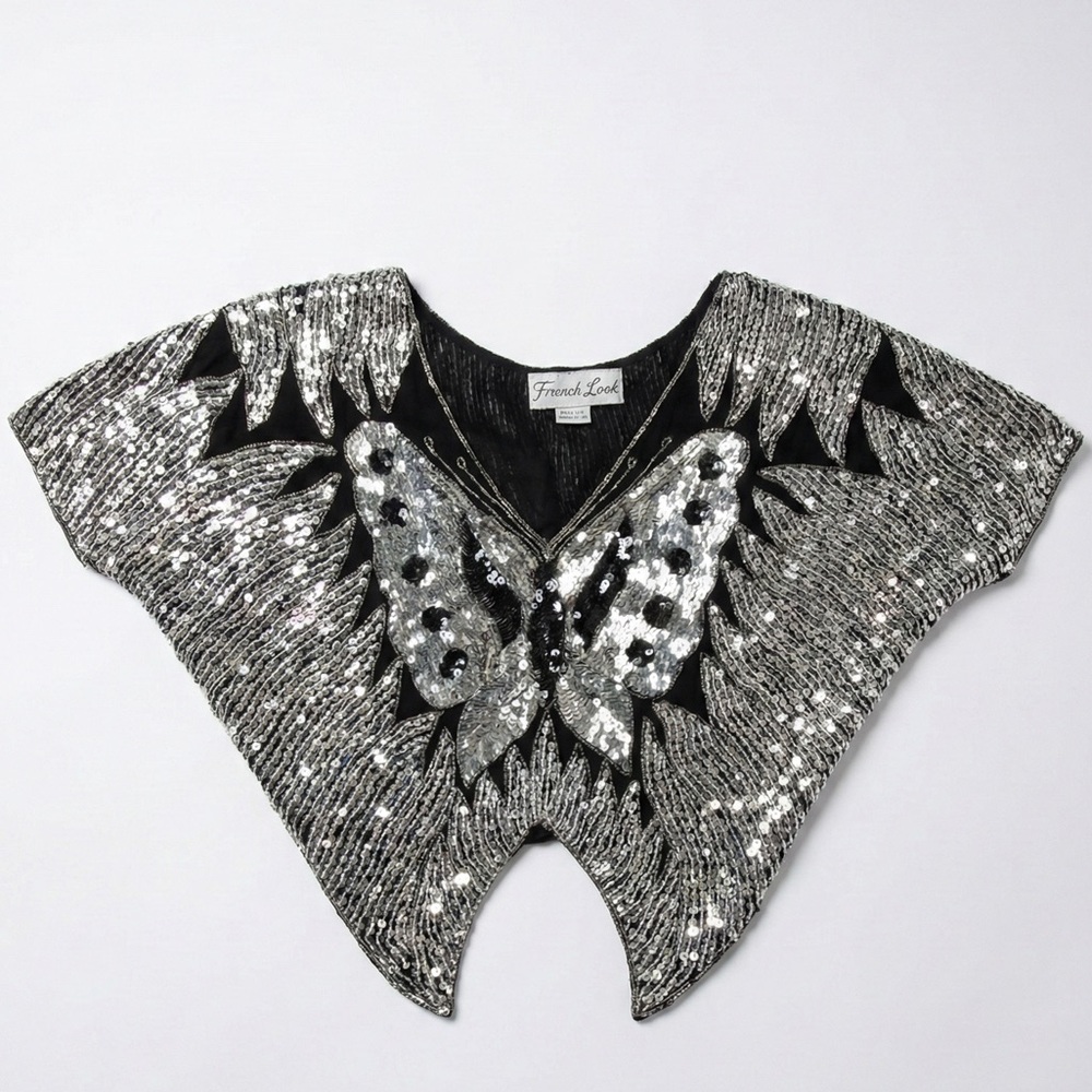 y2k 100% silk silver black sequin butterfly beaded top